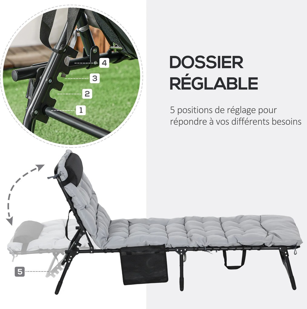 Espreguiçadeira dobrável com almofada, apoio para a cabeça e bolso lateral, reclinável, 58 x 189 x 32,5 cm, cinzento claro