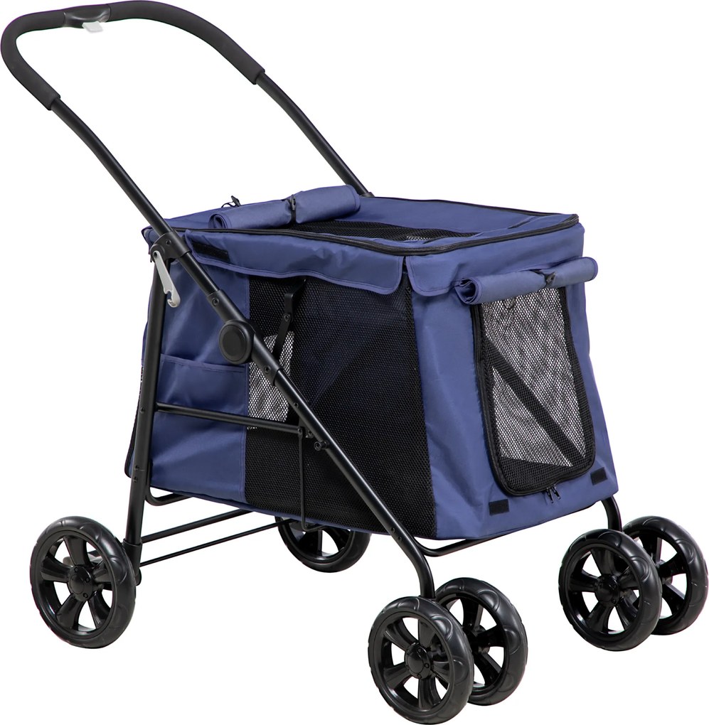 PawHut trolley para cães incl. almofada, 3 bolsos laterais, dobrável, carrinho para cães, 102 cm x 62 cm x 105 cm, Azul | Aosom Portugal