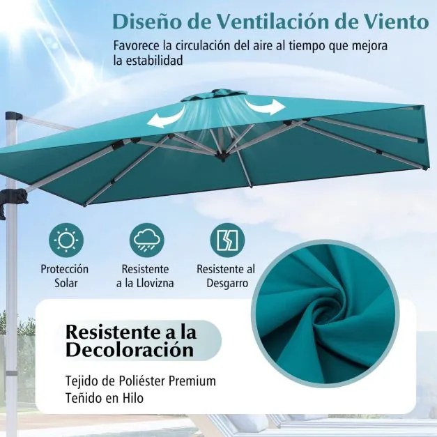 Guarda-sol de alumínio de 3 m quadrado com rotação de 360° e inclinação ajustável à prova de vento para jardim, piscina e terraço Azul