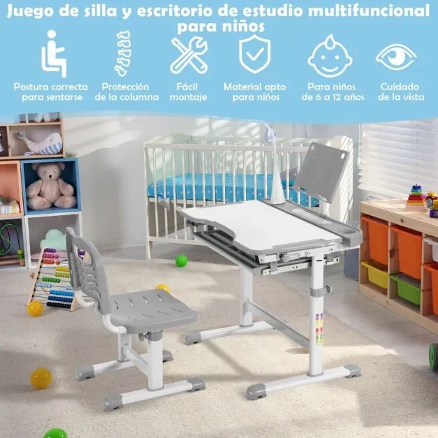 Conjunto de secretária e cadeira para crianças com suporte para livros, luz LED, superfície inclinada e gaveta removível cinzento