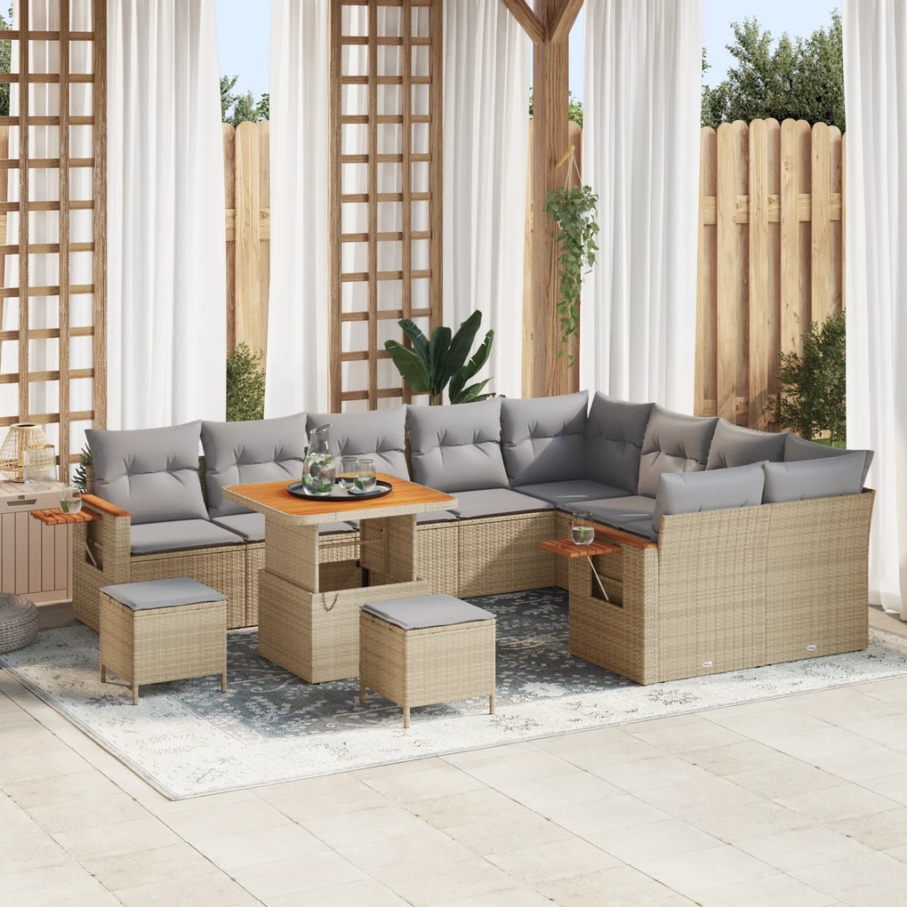 Conjunto de Sofás de Jardim vidaXL de 12 Peças com Almofadas Bege Rattan Poliéster Acácia