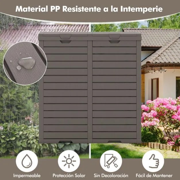 Caixote do lixo exterior 118 L x 2 com tampa dupla impermeável Alça para jardim Pátio Terraço Cozinha Castanho