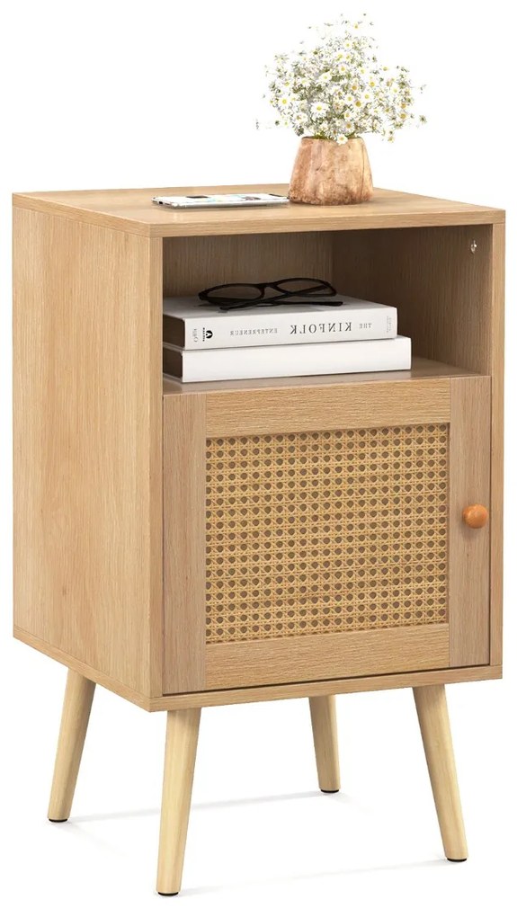 Mesa cabeçeira ou de apoio com Estante e Porta Decorada em Rattan PE para Quarto Sala de Estar 40 x 39 x 70 cm Natural