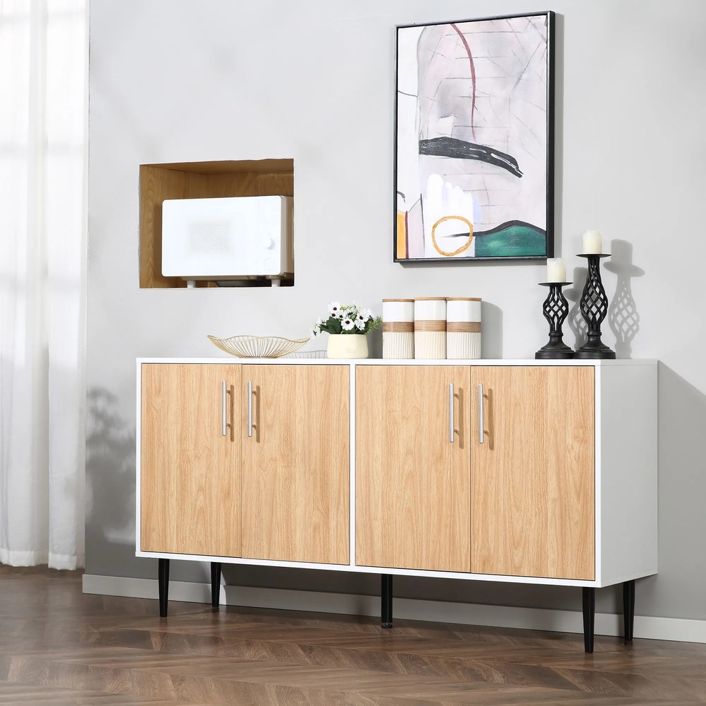 HOMCOM Aparador de Cozinha com 4 Portas Prateleiras Ajustáveis e Pés Metalicos Móvel Auxiliar Moderno para Sala de Estar Sala de Jantar 147,2x40,5x76,2cm Natural e Branco