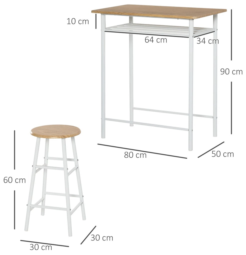 HOMCOM Conjunto de Móvel Bar Conjunto de Mesa Alta e 2 Bancos com Prateleira de Armazenamento e Estrutura de Metal para Cozinha Sala de Jantar 80x50x90cm Branco e Madeira