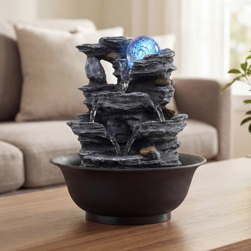 Fonte de mesa em cascata 21,5 x 26 cm com bola de cristal giratória, luz LED colorida, caudal ajustável, bomba silenciosa, decoração zen para casa e e