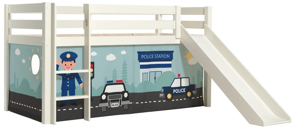 Cama alta de Criança PINO 90 x 200 cm + estrado + escada + escorrega + cortina Policia Branca