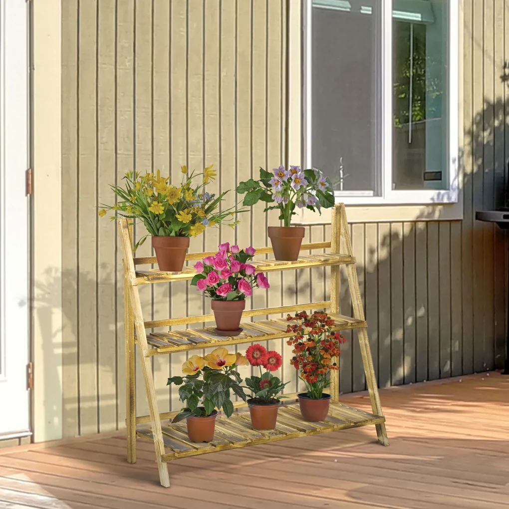 Suporte para Plantas de Madeira de 3 Níveis para Interior e Exterior ...