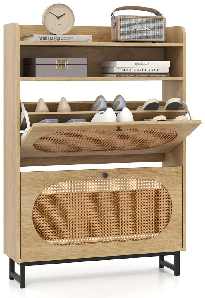 Sapateira com 2 gavetas rebatíveis 80 x 24 x 115 cm com portas de rattan e pés de metal Armário de armazenamento natural