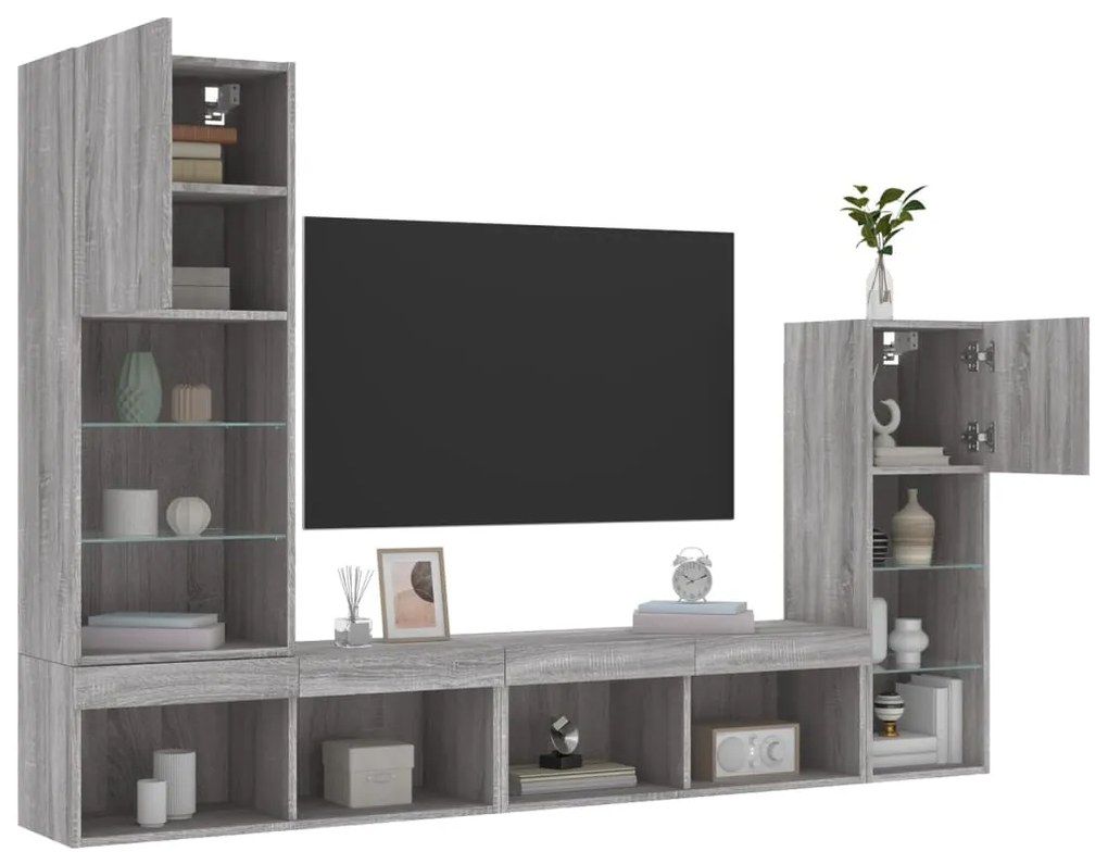 vidaXL 4 pcs móveis parede p/ TV c/ LEDs deriv. madeira cinza sonoma