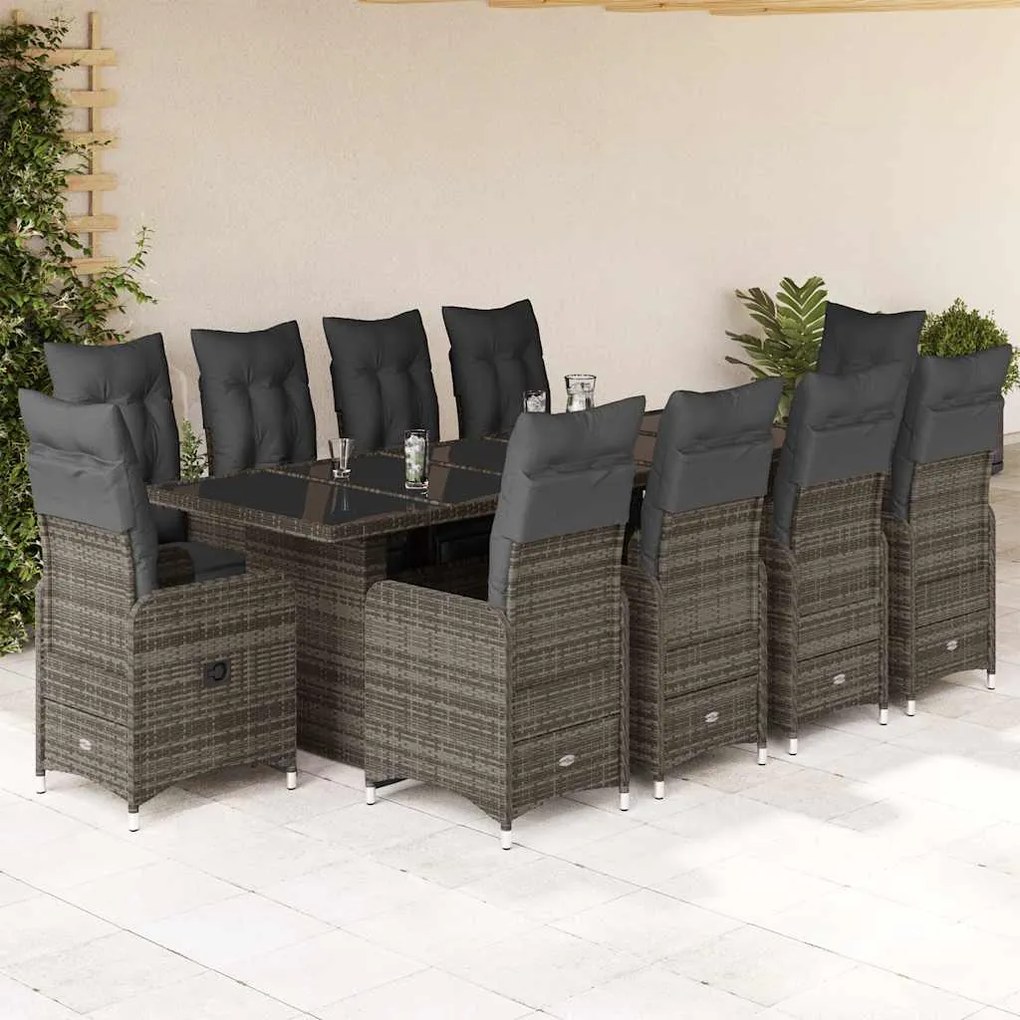 vidaXL 11 pcs conjunto bistrô de jardim c/ almofadões vime PE cinzento