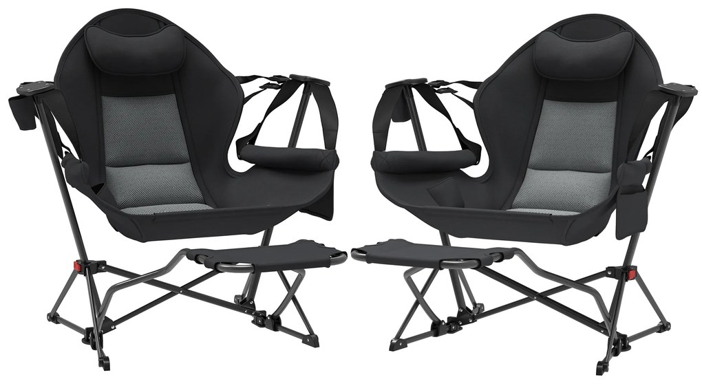 Outsunny Conjunto 2 Cadeiras Baloiço Campismo Dobrável Apoio Pés Suporte Copos Confortáveis Leves 88x160x104 cm Preto | Aosom Portugal