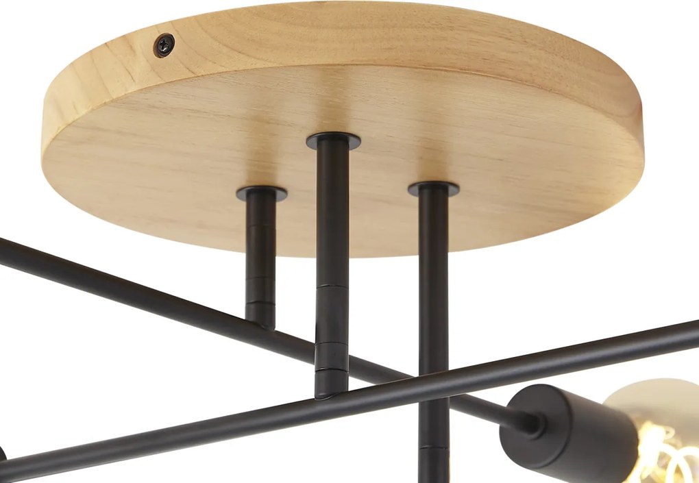 Plafón Art Déco Preto com Madeira 6-Luzes - Sydney