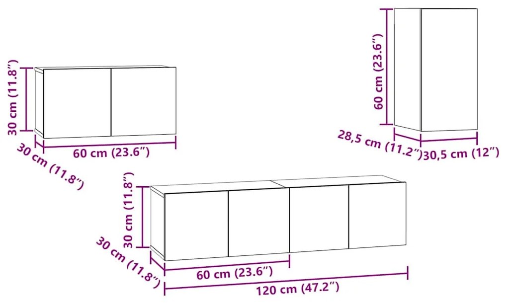 Conjunto de móvel de TV 4 pcs Carvalho Preto 30.5 x 30 x 60 cm