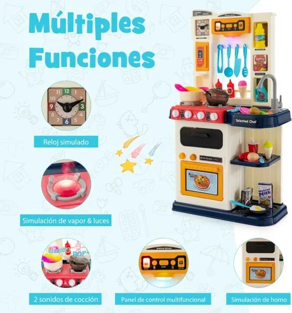 Cozinha para crianças a partir dos 3 anos com 65 acessórios , luzes e sons realistas para crianças 45 x 26 x 79 cm Azul