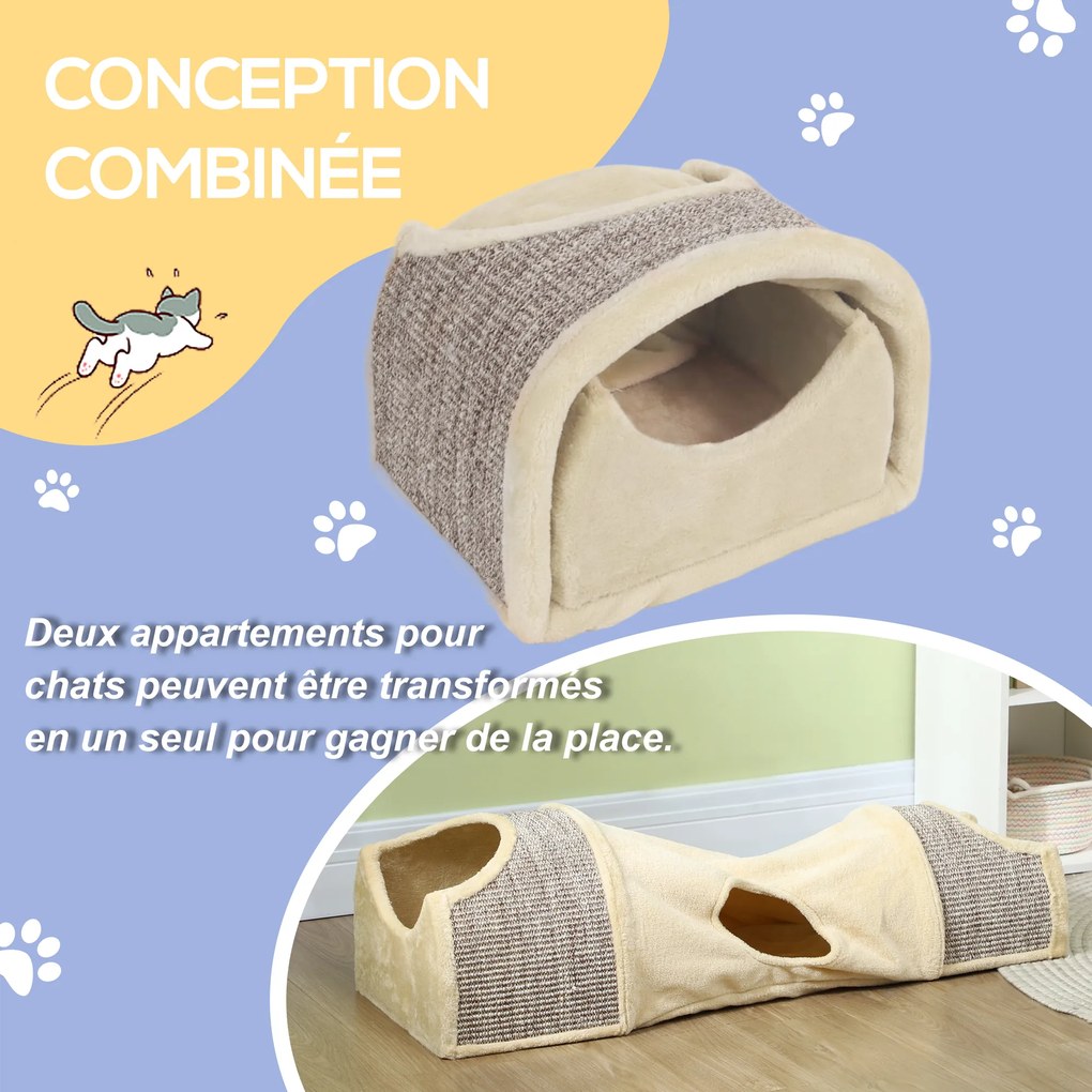 Túnel para gatos, brinquedo para gatos, com 2 compartimentos abertos em sisal, aberturas, para interior, 107 x 38 x 29 cm, bege