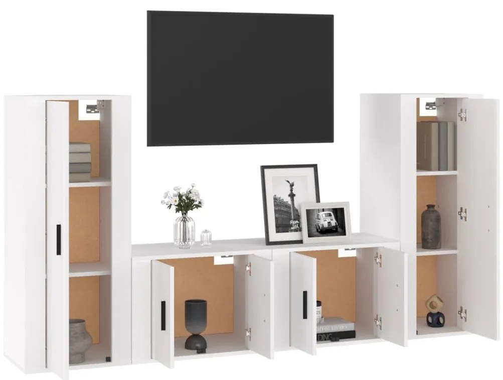 4 pcs conjunto móveis de TV madeira processada branco brilhante