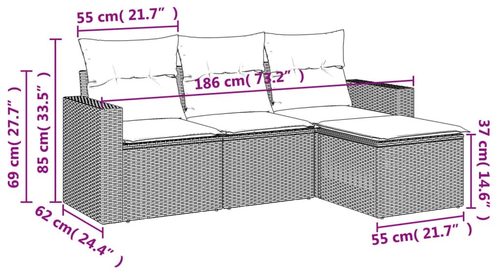 4 pcs conjunto de sofás para jardim c/ almofadões vime PE bege