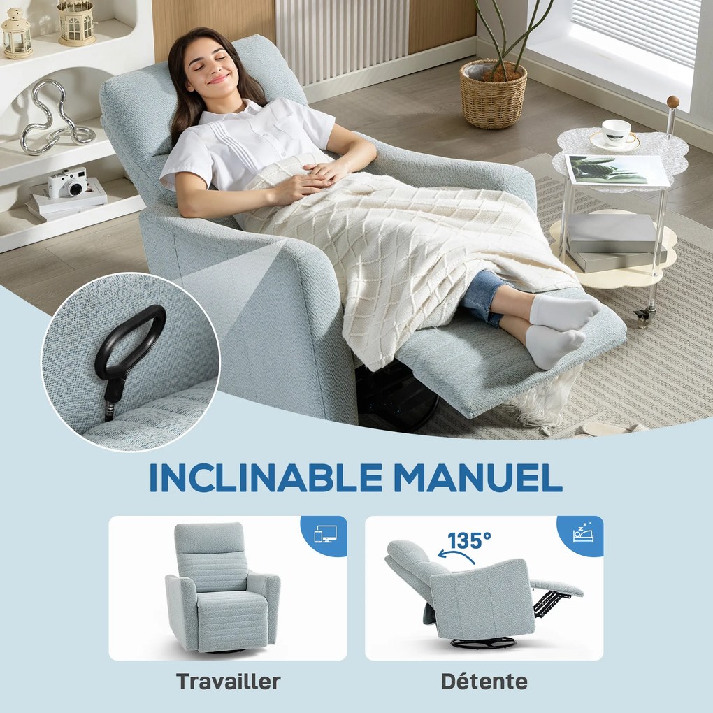 Poltrona reclinável, poltrona de relaxamento com apoio para os pés, giratória a 360°, reclinável, 82 x 90,5 x 101 cm, cinzento-azulado