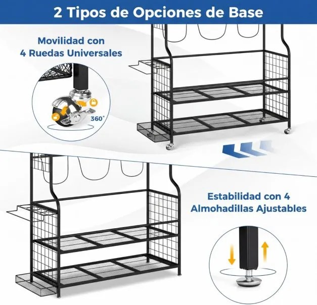 Organizador equipamento desportivo com rodas 132 x 40,5 x 194 cm, estrutura metálica, 4 ganchos e suporte adicional para 3 sacos de golfe e acessórios