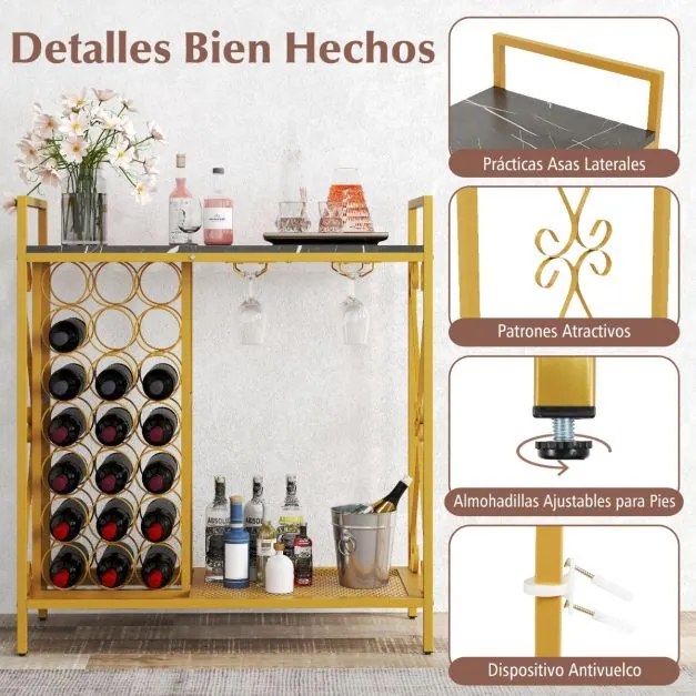 Garrafeira para Vinho 21 Garrafas com Suporte para Copos e Bancada em Madeira 93 x 38 x 102 cm Preto e Dourado