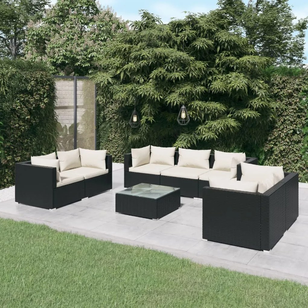 vidaXL 8 pcs conjunto lounge de jardim c/ almofadões vime PE preto