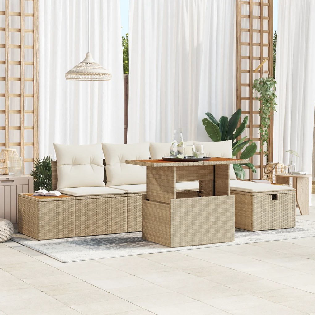 Conjunto de Sofá de Jardim 6 Peças com Almofadas Bege Rattan Sintético