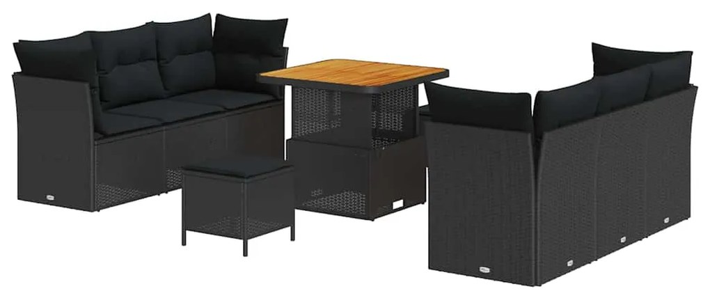 Conjunto de Sofá de Jardim de 9 Peças com Almofadas Preto Rattan Polié