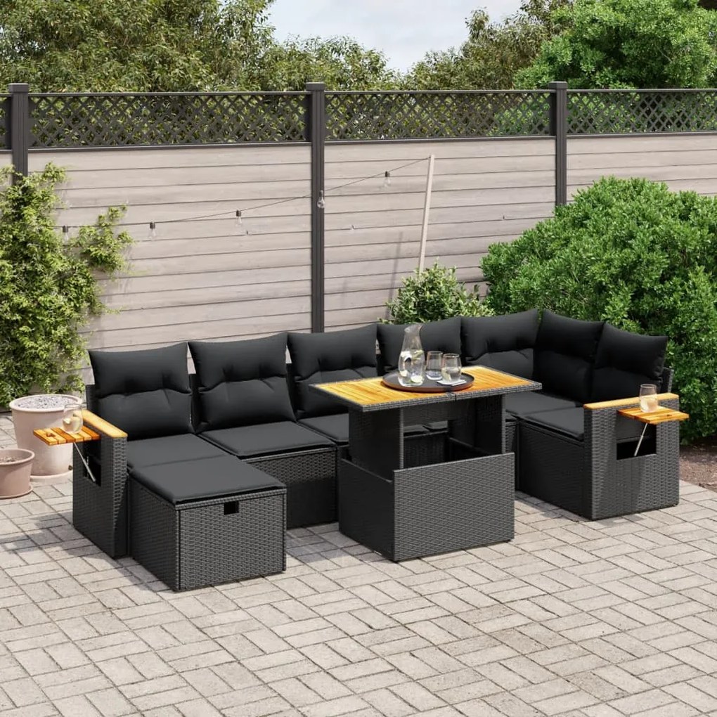 vidaXL 8 pcs conjunto sofás de jardim com almofadões vime PE preto
