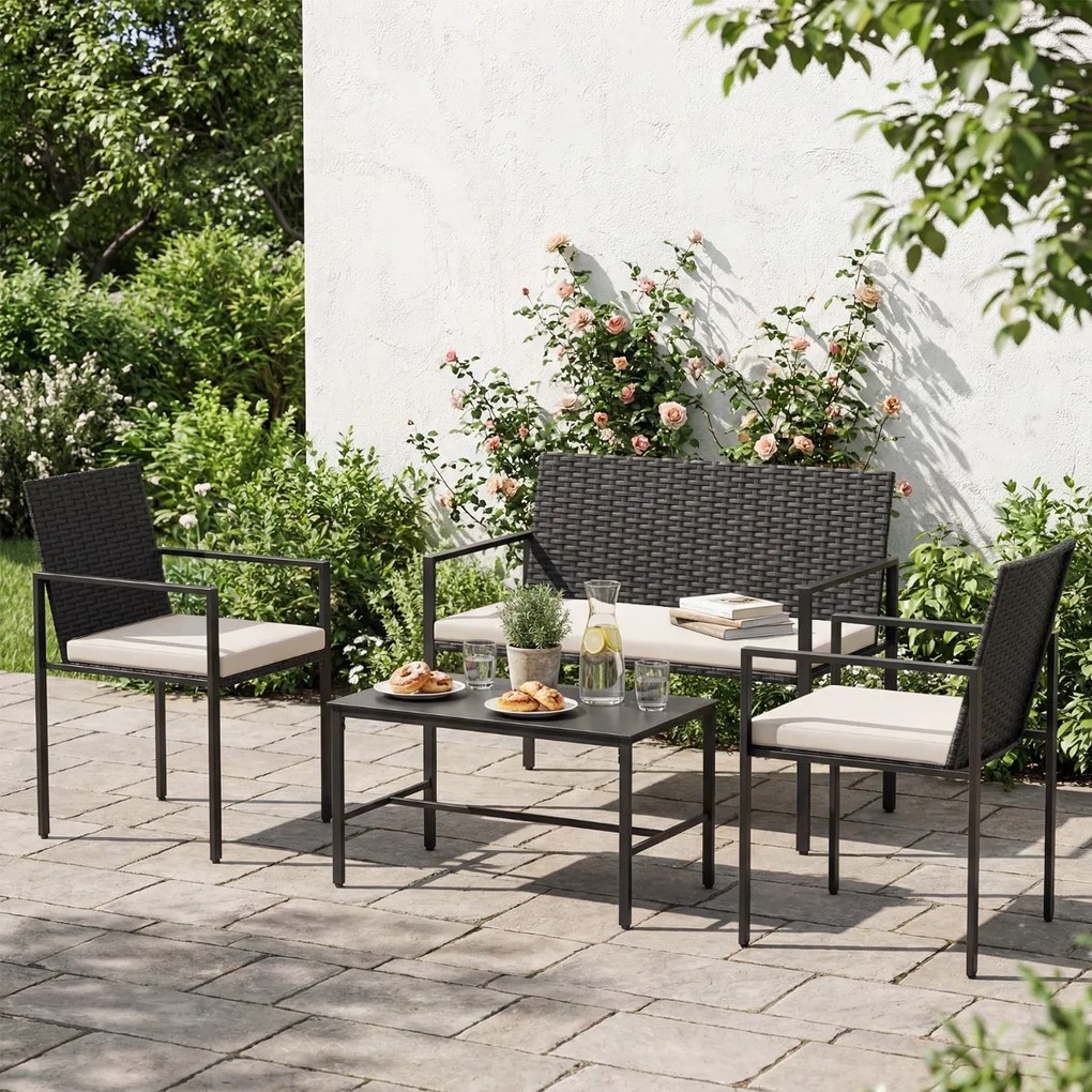 Conjunto de jardim de 4 peças em rattan para exterior: cadeiras, sofá, mesa de centro em vidro temperado e almofadas macias; ideal para jardim, alpend