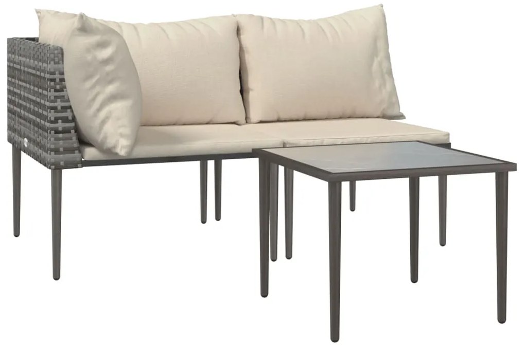 3 pcs conjunto lounge de jardim c/ almofadões vime PE cinzento