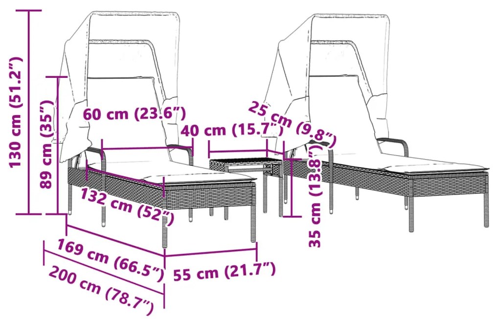 Espreguiçadeiras com toldos e mesa 2 pcs vime PE cinzento-claro