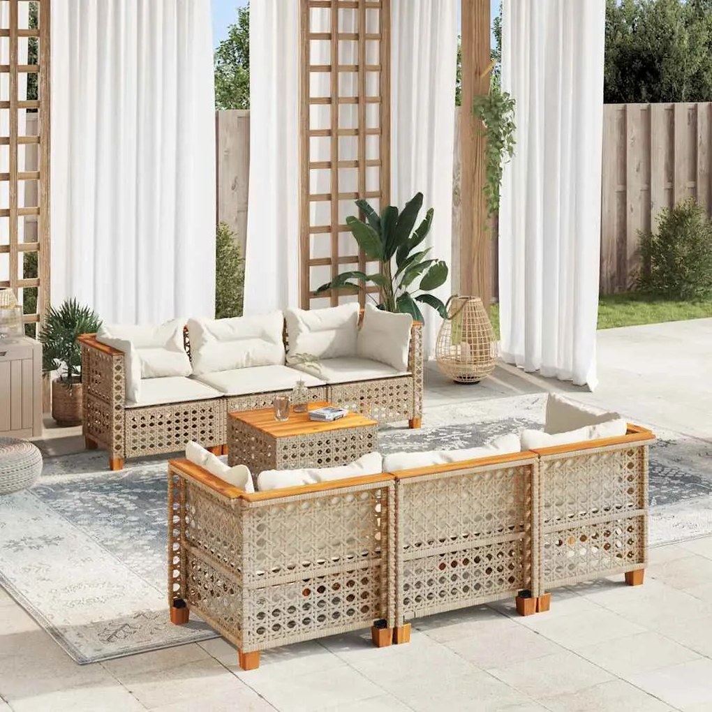 7 pcs conjunto de sofás p/ jardim com almofadões vime PE bege