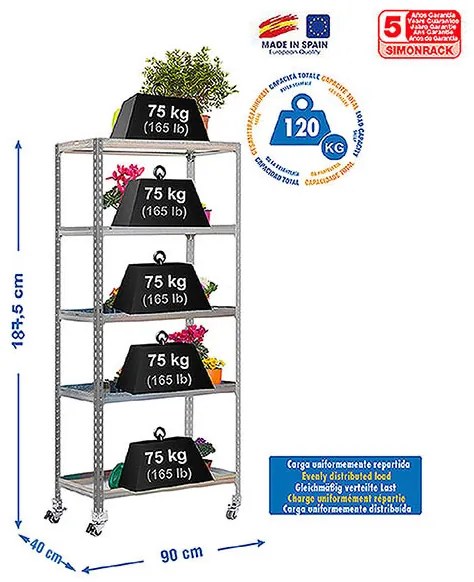 Estante Jardim SIMONGARDEN CLICK MOB. 5/400 CINZENTA/GALVANIZADAVANIZADA Jardim, Casa, Escritório, Garagem, Oficina Capacidade 75 Kg Dimensões 1875x90