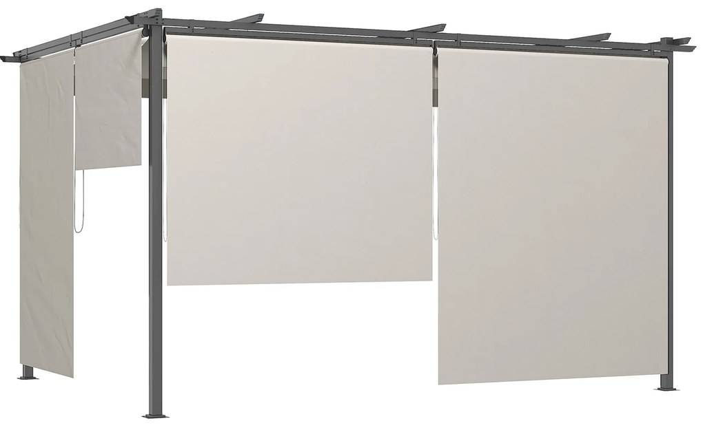 Outsunny Pérgola de Jardim com Teto Retrátil 4 Cortinas Enroláveis de Poliéster e Estrutura de Metal 3,95x2,95 cm Creme
