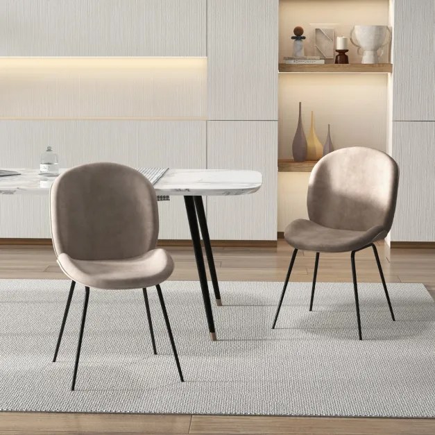 Conjunto de 2 cadeiras de jantar com encosto e base metálica Cadeiras de jantar em veludo para cozinha, sala de estar e quarto 49 x 65 x 87 cm Castanh