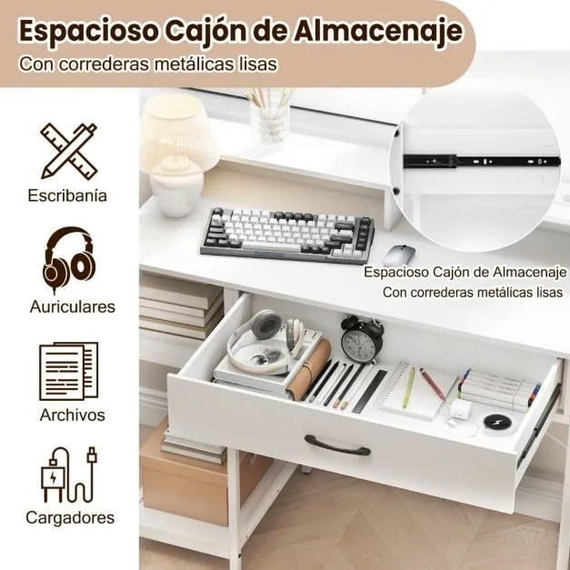 Secretária para computador 106 x 48 x 90 cm com tomadas com armário superior, gaveta e 2 prateleiras abertas Estrutura branca