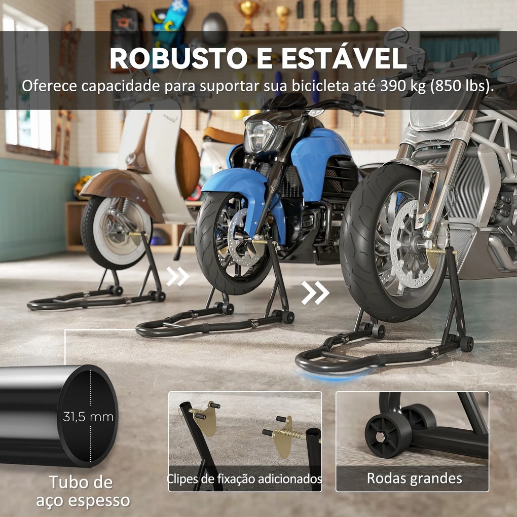 Cavalete de Moto Carga de 390 kg Suporte Dianteiro e Traseiro Universal Elevador de Moto em Aço com Rodas Preto
