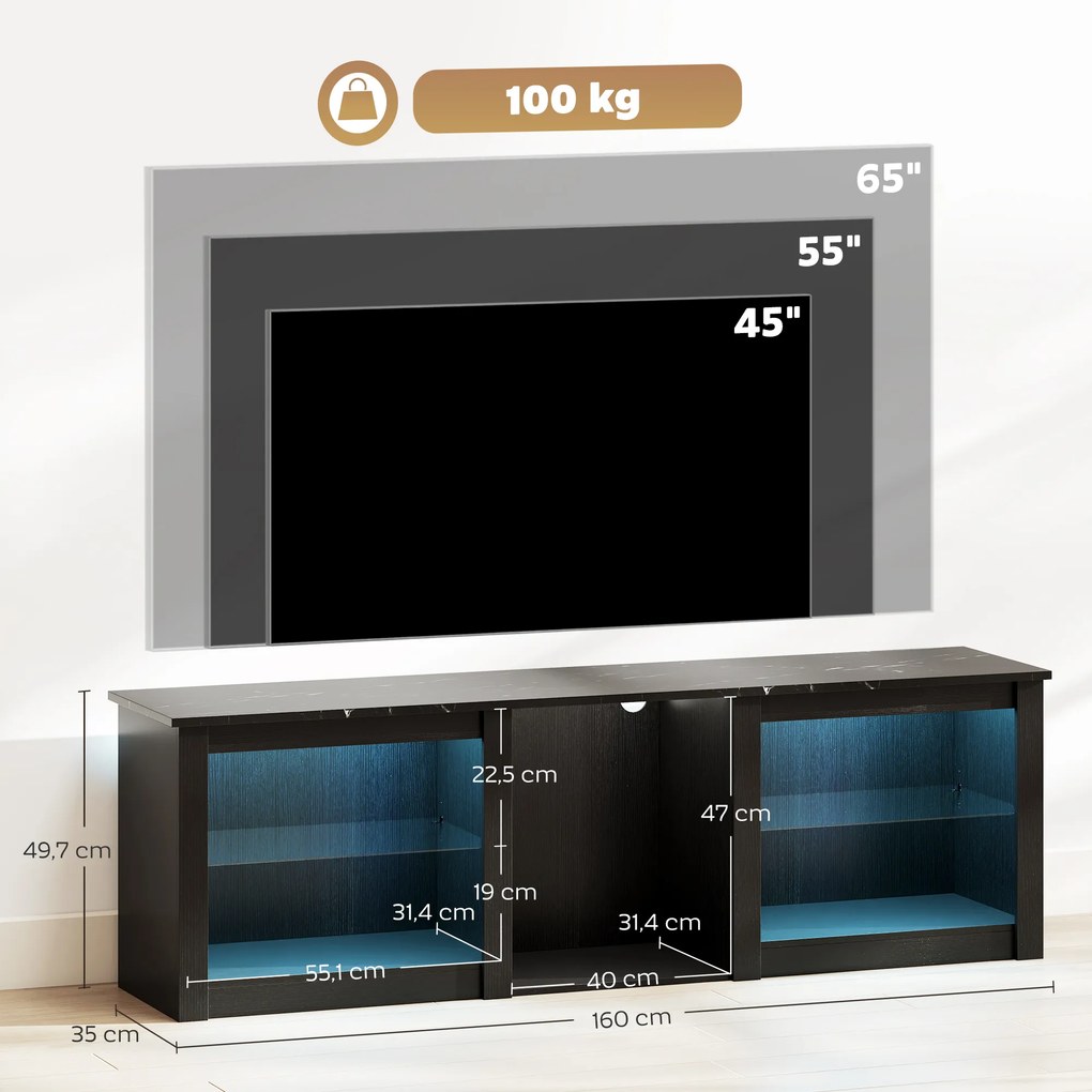 Móvel de TV com iluminação LED para televisores até 65 polegadas, 160 C x 35 L x 49,7 A cm, com prateleiras de vidro ajustáveis, preto