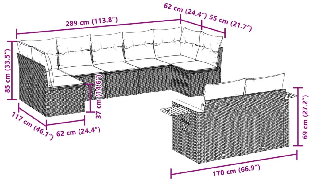 9 pcs conjunto de sofás p/ jardim c/ almofadões vime PE preto