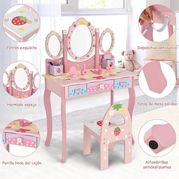 Conjunto de Toucador para Crianças com Mesa e Cadeira Mesa de Maquilhagem 2 em 1 com Espelho Tri-Flex Destacável e Gavetas Princesa Rosa