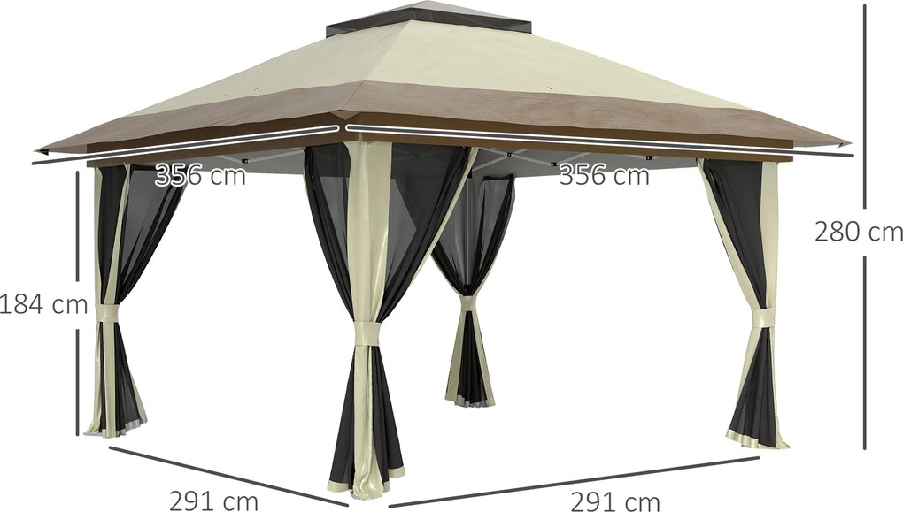 Pérgola Dobrável 356x356x280 cm com 4 Paredes Laterais de Malha Anti-UV Altura Ajustável e Bolsa de Transporte Bege e Castanha
