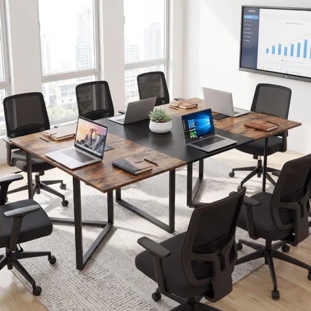Mesa de reuniões grande 180 x 100 x 76,5 cm para 6-8 pessoas com 2 passadores de cabos e design industrial para escritório e sala de reuniões Castanho