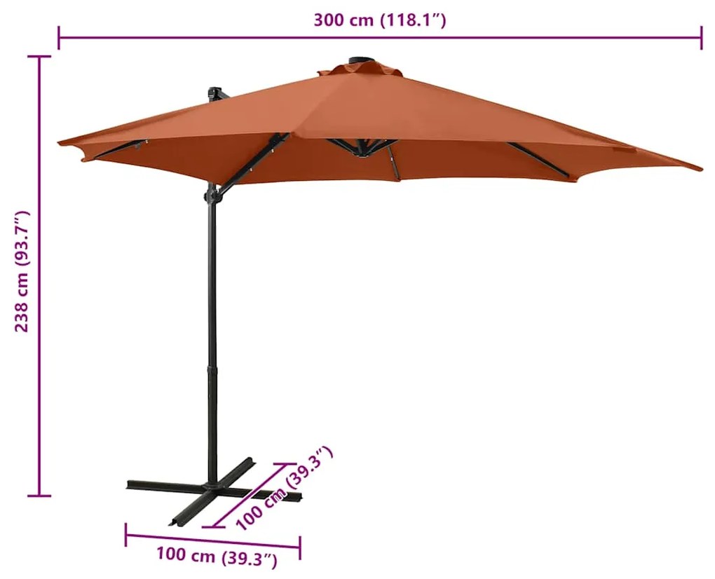 Guarda-sol jardim cantilever c/ poste/luzes LED 300cm terracota