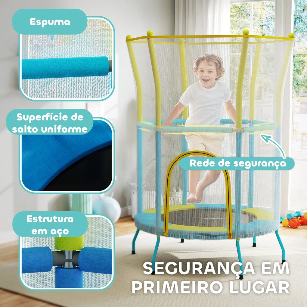 Trampolim para Crianças Ø140x190 cm com Rede de Segurança Barras Acolchoadas Carga 45 kg para Interior Multicolor