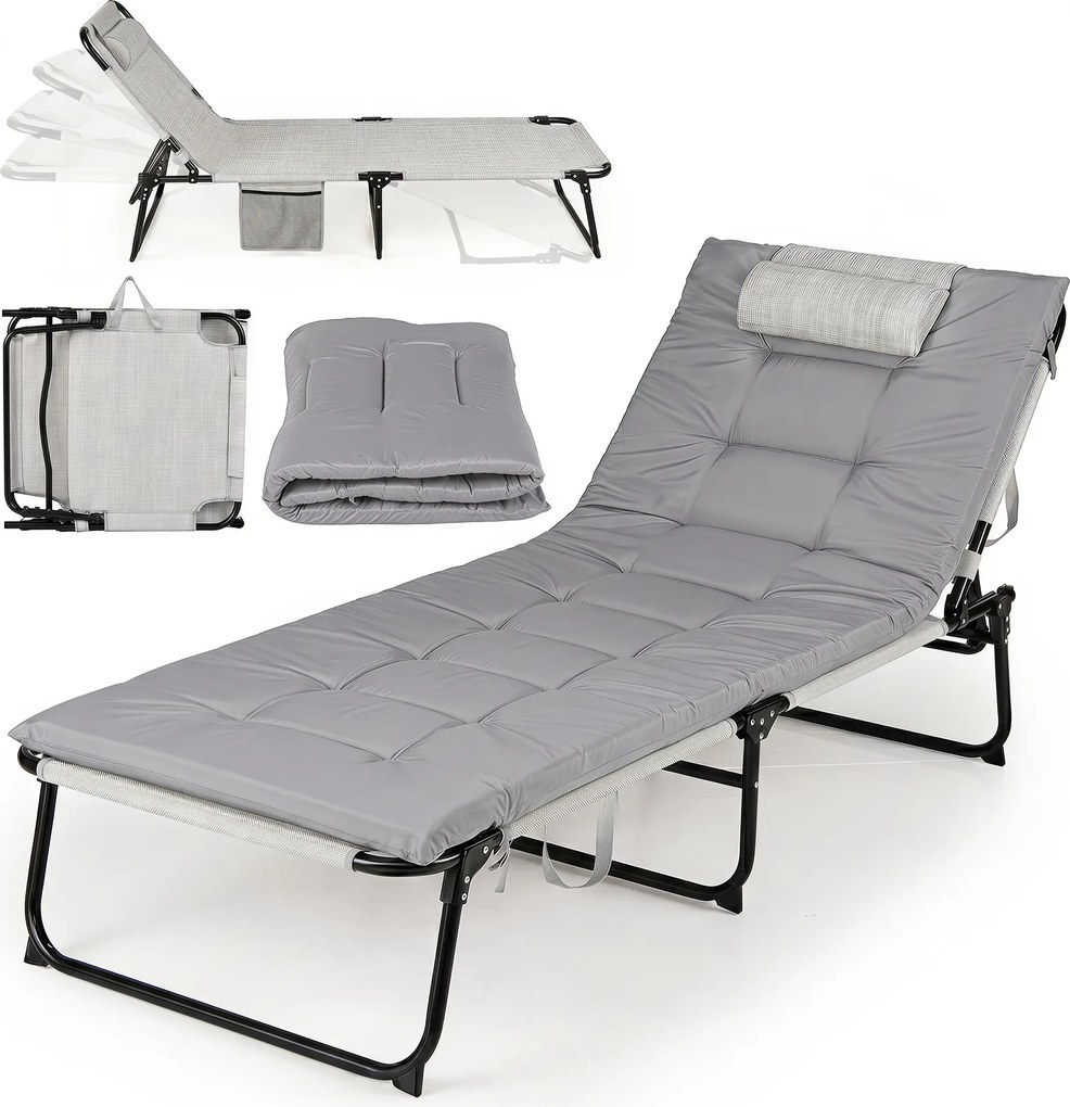 Espreguiçadeira de Exterior Dobrável, 186 x 68 x 33-76 cm, Encosto Ajustável em 4 Posições, Cinzento