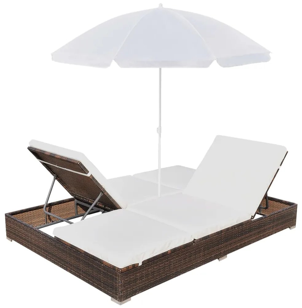 Espreguiçadeira de exterior com guarda-sol vime PE castanho