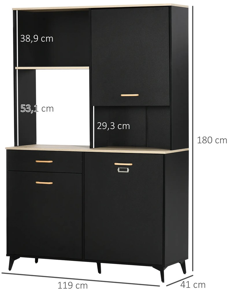 Armário de Cozinha com 1 Gaveta 3 Portas e Armazenamento Aberto Estilo Moderno 119x41x180cm Preto