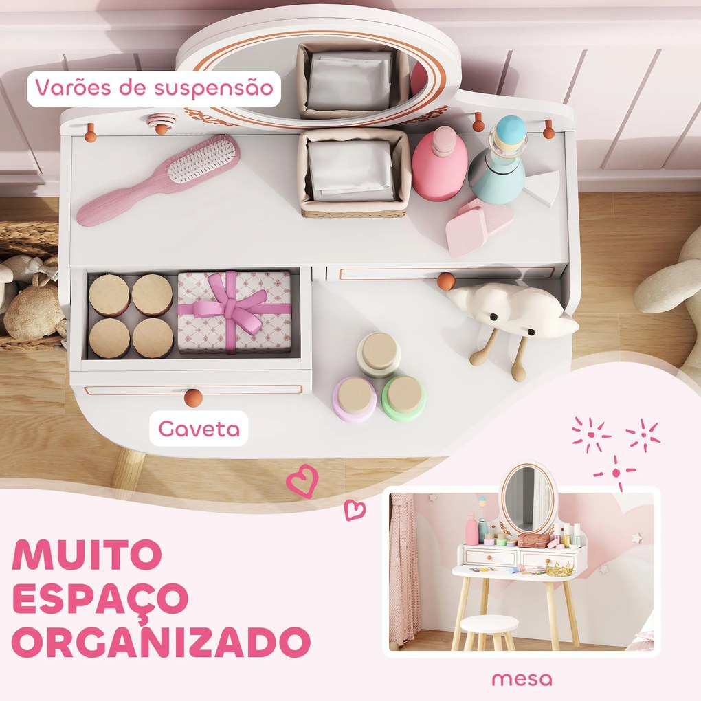 Toucador Infantil de Maquilhagem com Banqueta e Espelho 2 Gavetas e Barras para Pendurar dos 3 aos 8 Anos, Branco