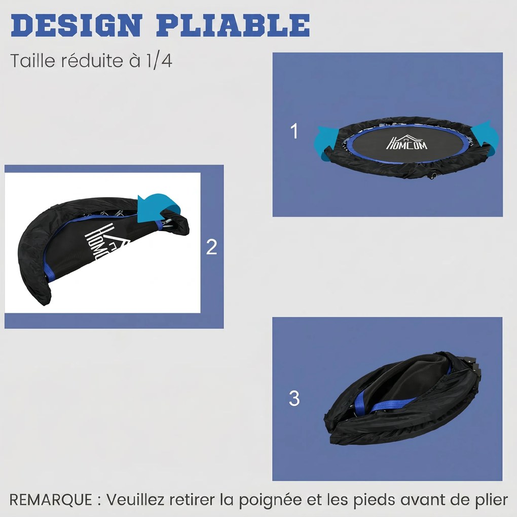 Trampolim de fitness e ginástica com pega ajustável, dobrável, 6 pés, 28 molas, Ø 102 cm, preto e azul